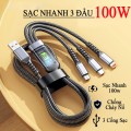 Cáp sạc siêu nhanh 3 đầu 100W micro USB, Type C tiện lợi