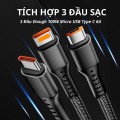 Cáp sạc siêu nhanh 3 đầu 100W micro USB, Type C tiện lợi