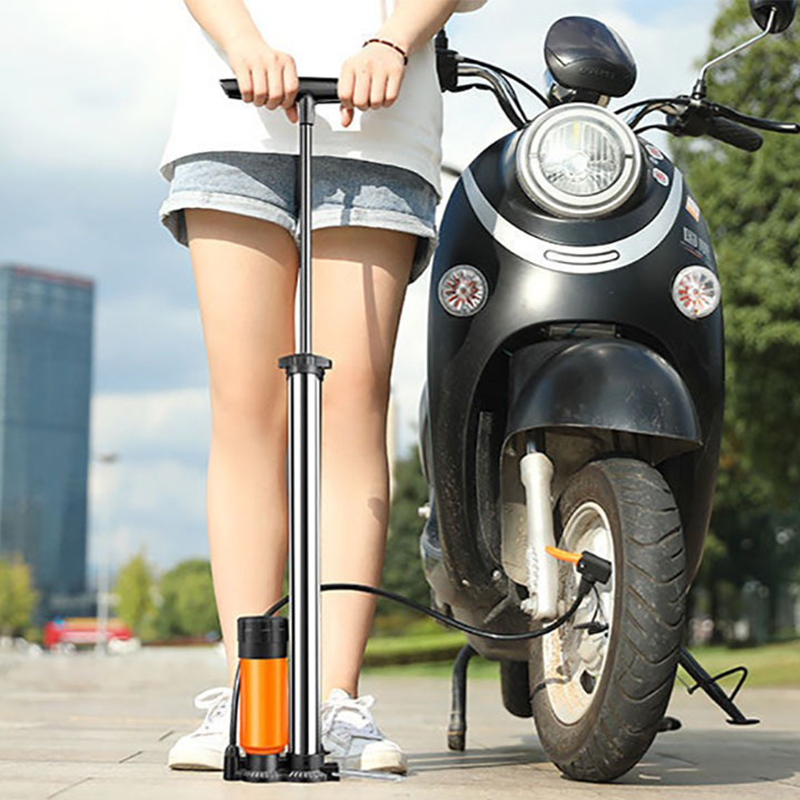 Bơm xe đạp bằng thép không gỉ có đồng hồ đo áp suất