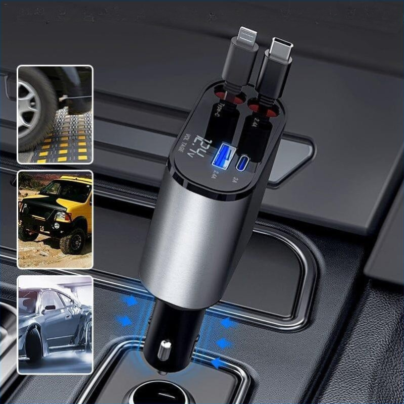 Tẩu sạc ô tô siêu nhanh 4 trong 1 kèm cáp dây rút 2 đầu