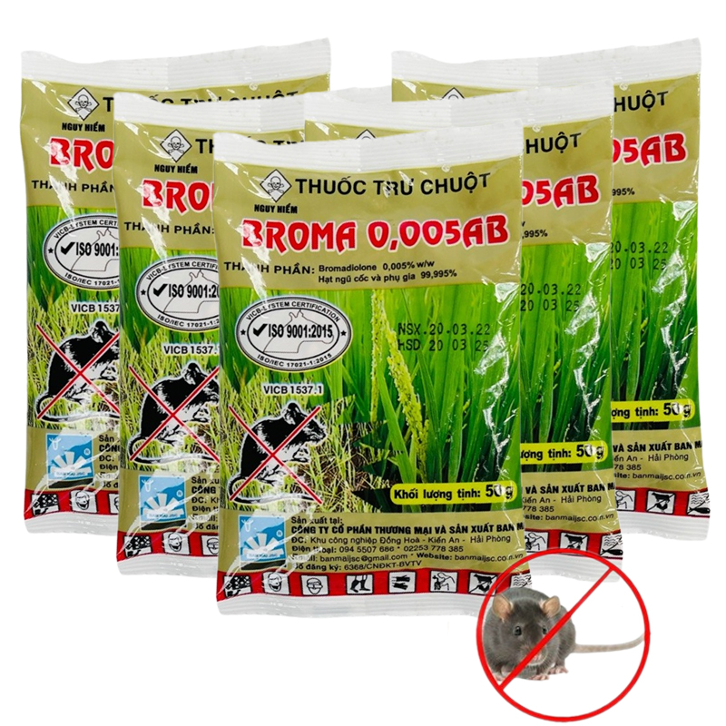 Combo 5 gói diệt chuột dạng thóc trộn sẵn Broma 0,005AB gói 50gr