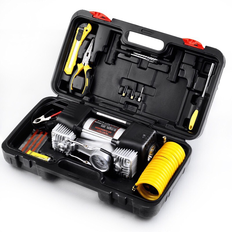 Máy bơm lốp ô tô 2 xi lanh 12V màn hình điện tử kèm hộp dụng cụ