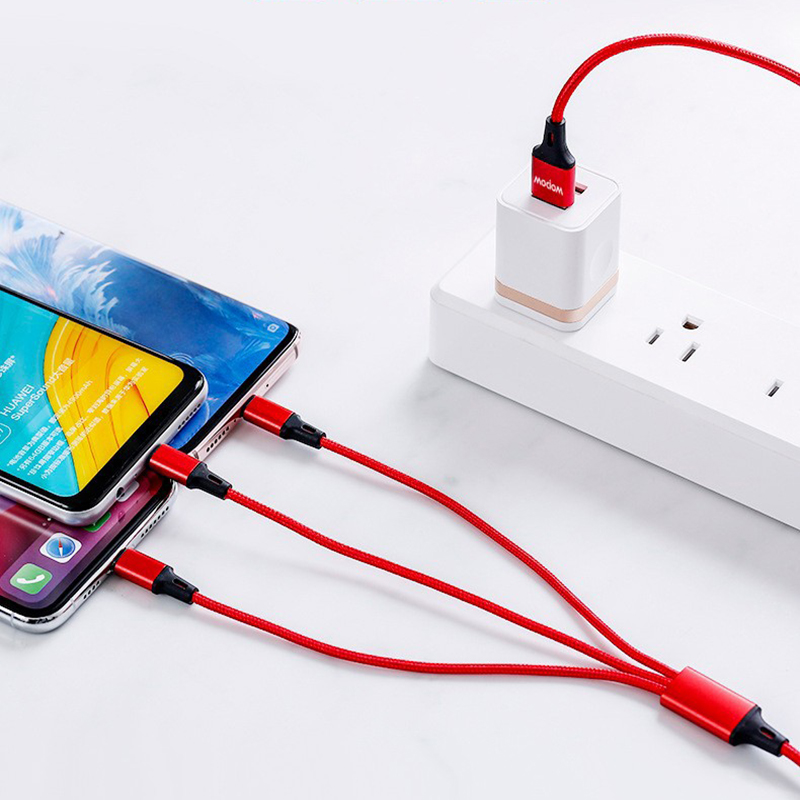 Cạp sạc 3 đầu sạc USB micro, type C, Lightning trong 1 bọc dây dù cao cấp
