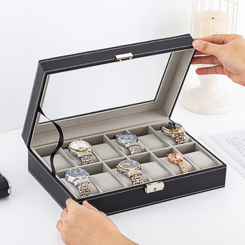 Hộp khay đựng đồng hồ 12 ô bằng da có nắp kính chống bụi sang trọng