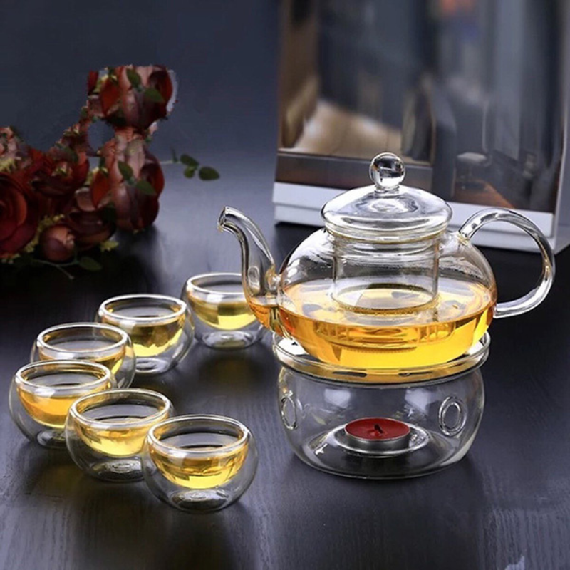 Bộ ấm pha trà đế nến thủy tinh chịu nhiệt tốt có lõi lọc